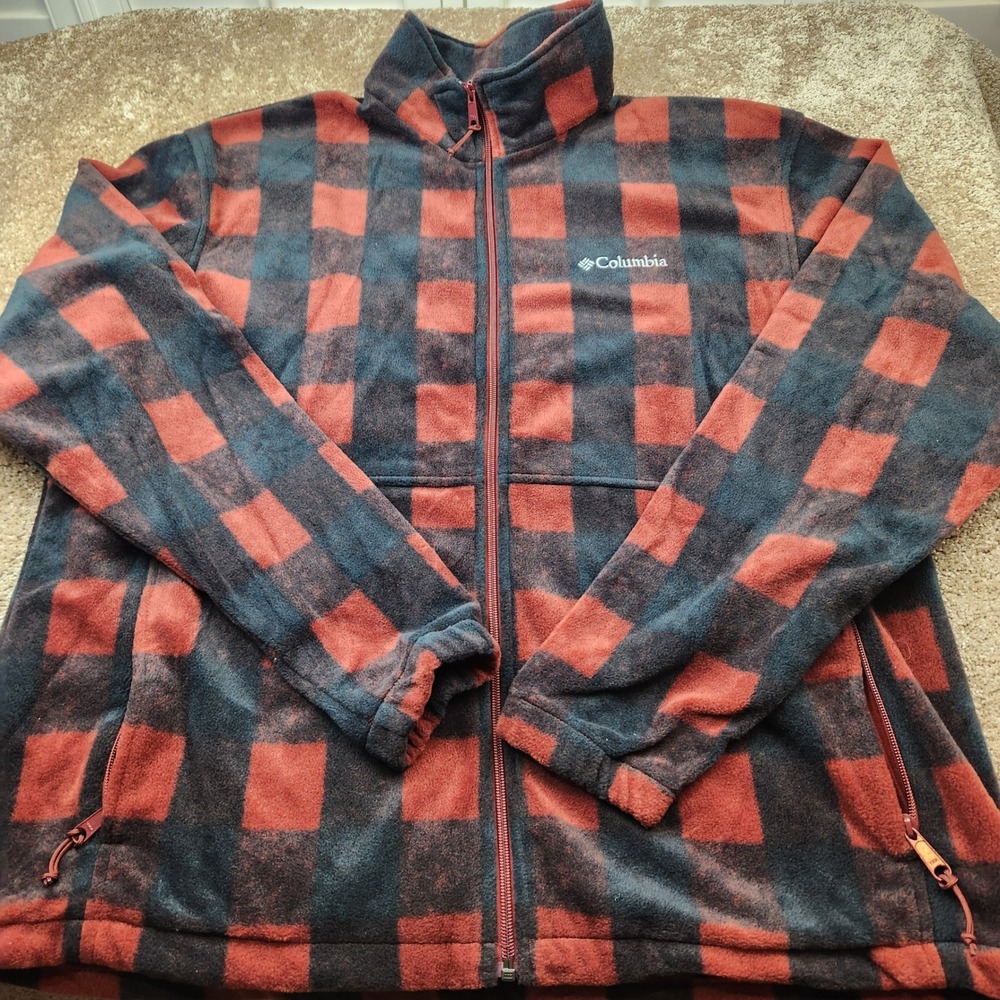 Columbia Mens XL Fleece Jacket Red Black Buffalo Plaid Full Zip Mock Neck Soft